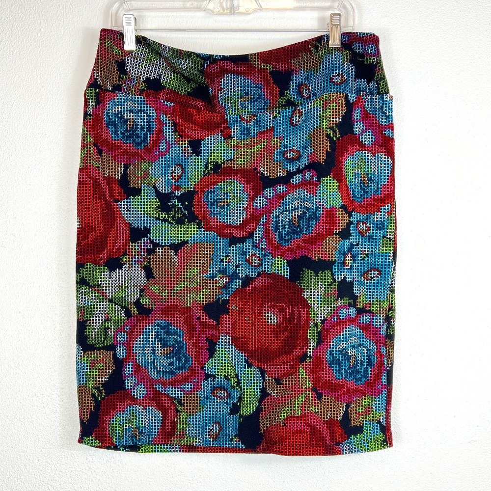 LULAROE CASSIE PENCIL SKIRT SIZE XL BLACK FLORAL COLORFUL